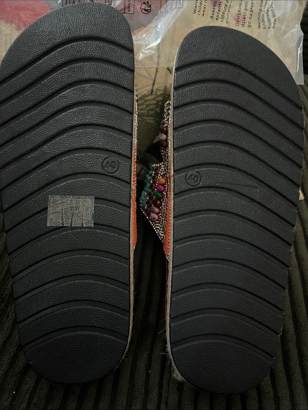Embellished Orange Slide Sandals with Turquoise & Siver Accents - Picture 3 of 14